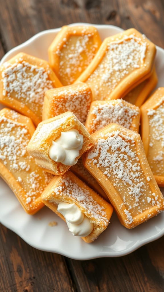Czech rakvička cream-filled cookies on a plate, showcasing their whipped cream filling and coffin shape.